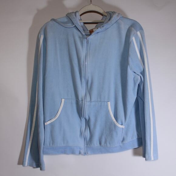 Y2K Fashion Love Light Blue Velour Zip Up Jacket With Striped Size XL - Picture 1 of 3